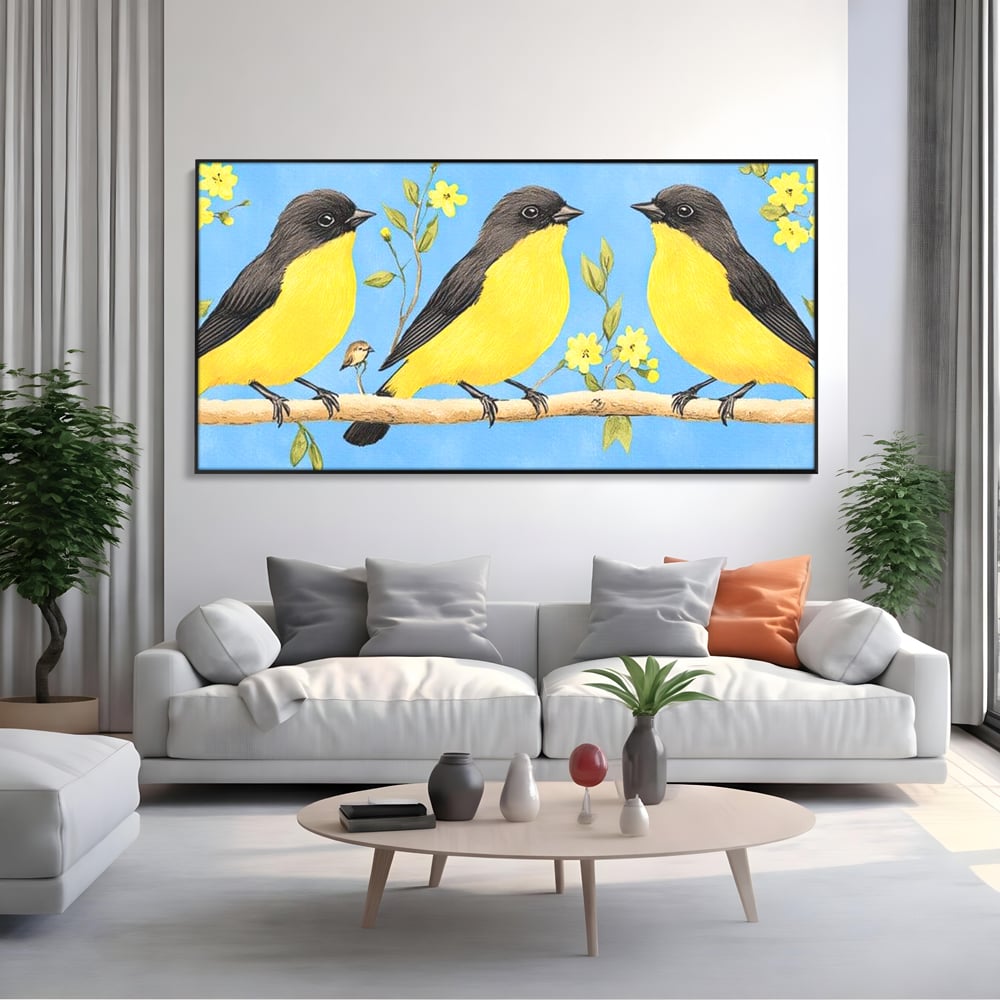 Tablou canvas cu tablou canvas cu trei pasari pe ramura, in rama de aluminiu negru, pe perete intr-un living